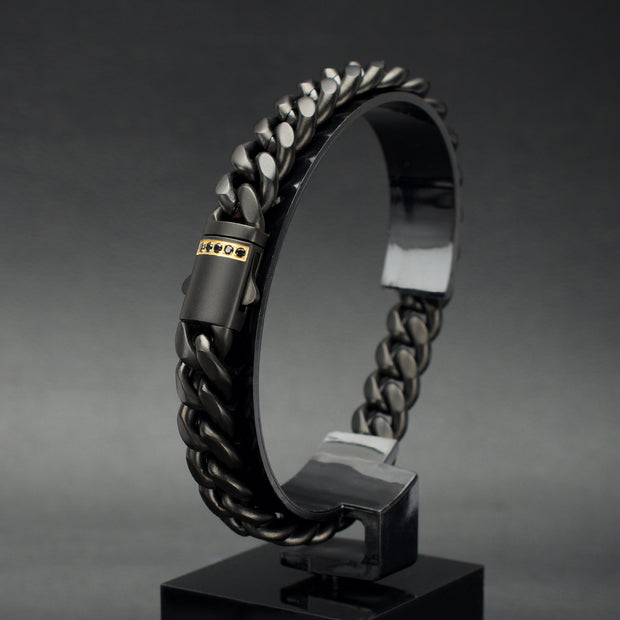 10mm Black IP Steel Matte Finish Miami Cuban Chain Bracelet with 1.6mm Genuine Black Sapphire Gem
