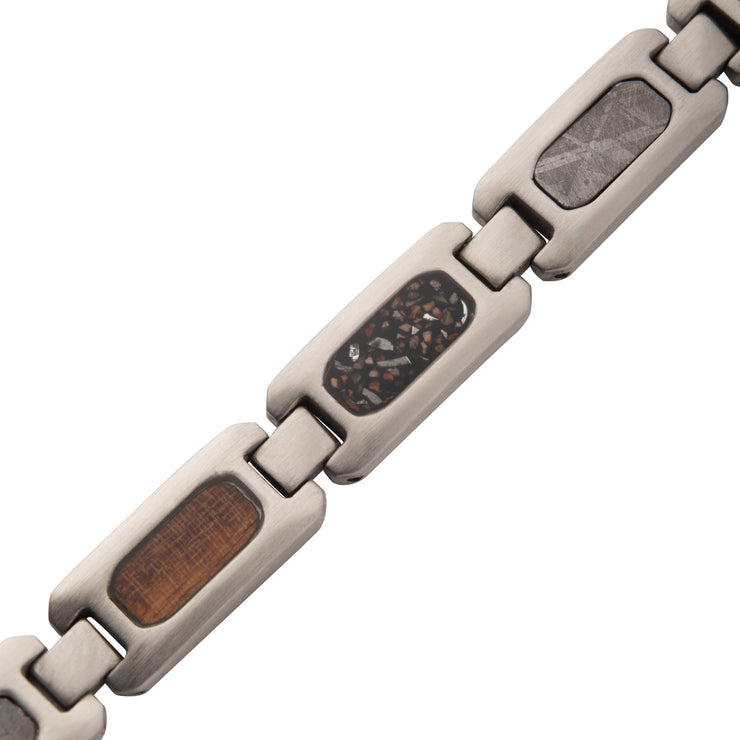 Stainless Steel Matte Finish Link Bracelet with Meteorite, Whiskey Barrel Wood & Black Dinosaur Bone Inlay