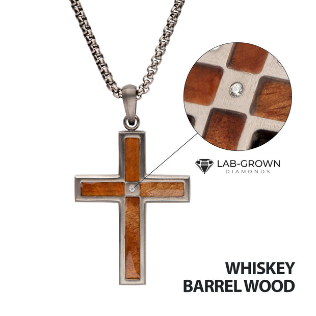 Gun Metal IP Steel Matte Finish Whiskey Barrel Wood Inlay with Lab-Grown Diamond Cross Pendant