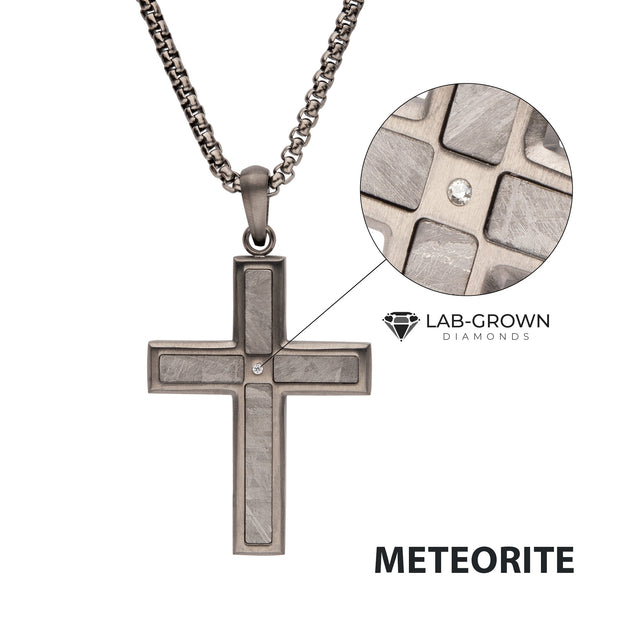 Gun Metal IP Steel Matte Finish Meteorite Inlay with Lab-Grown Diamond Cross Pendant