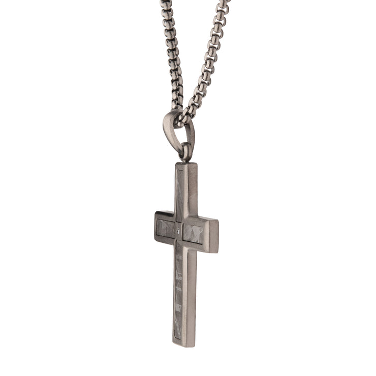 Gun Metal IP Steel Matte Finish Meteorite Inlay with Lab-Grown Diamond Cross Pendant