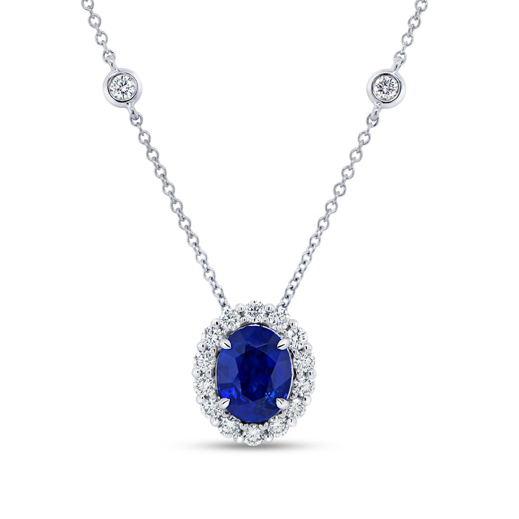 Uneek Precious Collection Halo Oval Shaped Blue Sapphire Drop Pendant