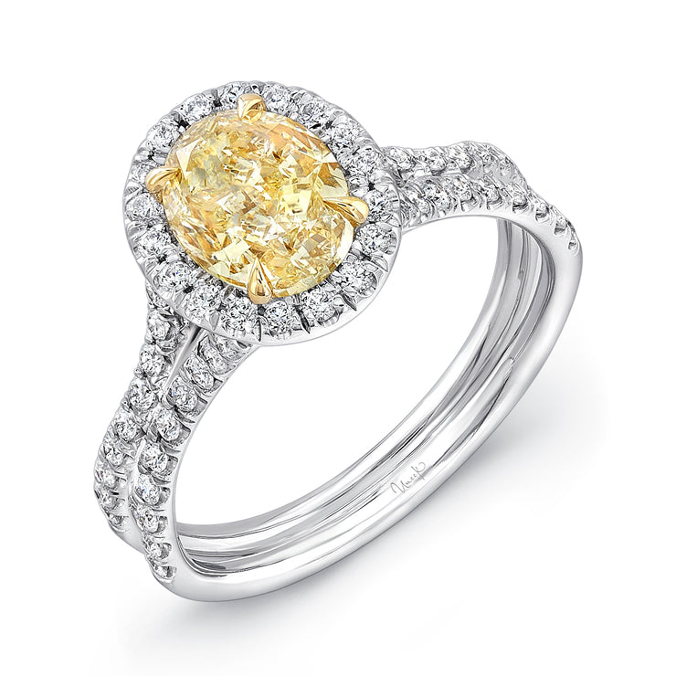 Uneek Oval Fancy Yellow Diamond Halo Engagement Ring with Silhouette Double Shank