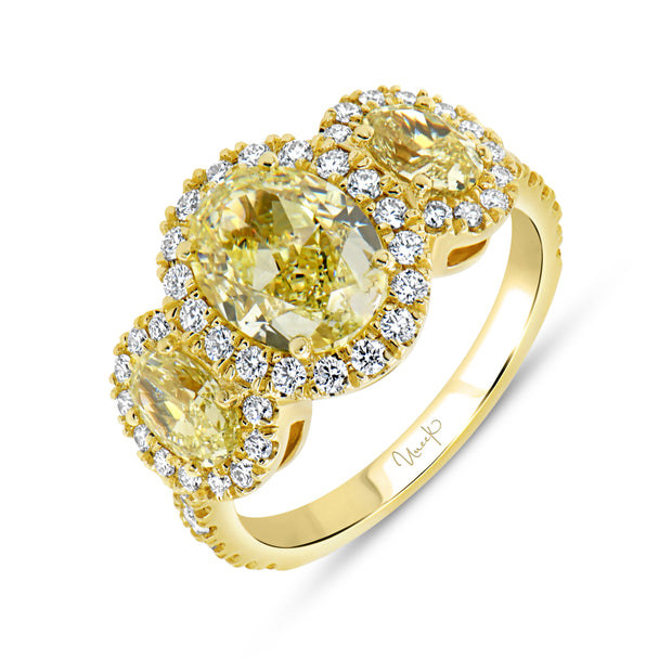 Uneek Natureal Collection 3-Stone-Halo Oval Shaped Fancy Light Yellow Diamond Fashion Ring