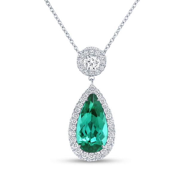 Uneek Precious Collection Double-Halo Pear Shaped Green Tourmaline Drop Pendant