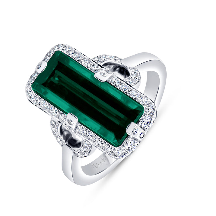 Uneek Precious Collection Halo Emerald Cut Green Tourmaline Engagement Ring