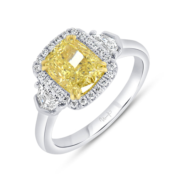 Uneek Natureal Collection Three-Stone Cushion Cut Fancy Yellow Diamond Engagement Ring