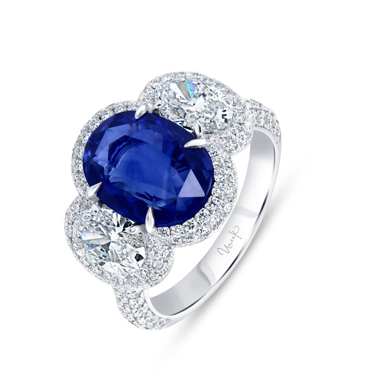 Uneek Precious Collection 3-Stone-Halo Oval Shaped Blue Sapphire Engagement Ring