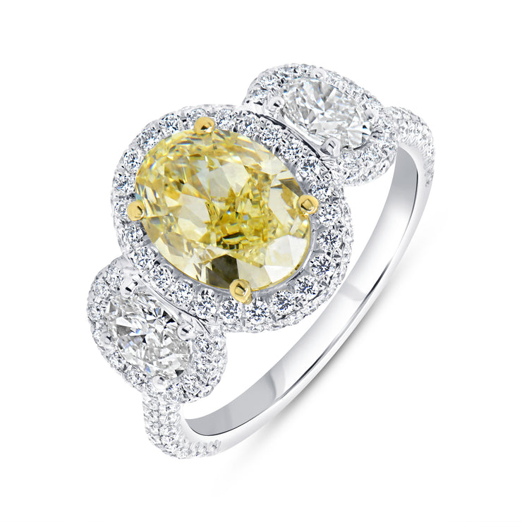 Uneek Natureal Collection 3-Stone-Halo Oval Shaped Fancy Light Yellow Diamond Engagement Ring