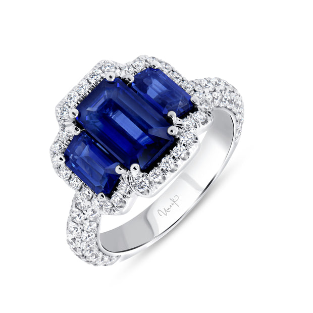 Uneek Precious Collection 3-Stone-Halo Emerald Cut Blue Sapphire Engagement Ring