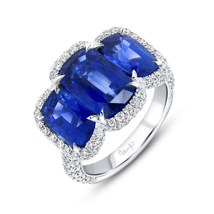 Uneek Precious Collection Halo Cushion Cut Blue Sapphire Engagement Ring