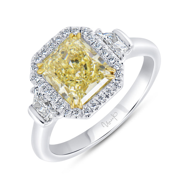 Uneek Natureal Collection Three-Stone Radiant Fancy Light Yellow Diamond Engagement Ring