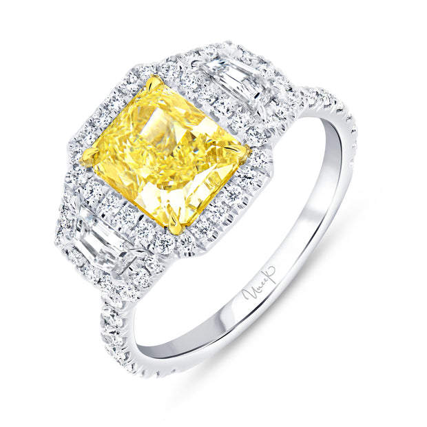 Uneek Natureal Collection 3-Stone-Halo Radiant Yellow Diamond Engagement Ring