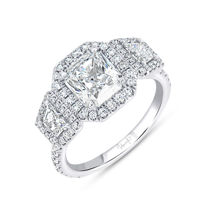 Uneek Signature Collection 3-Stone-Halo Radiant Diamond Engagement Ring