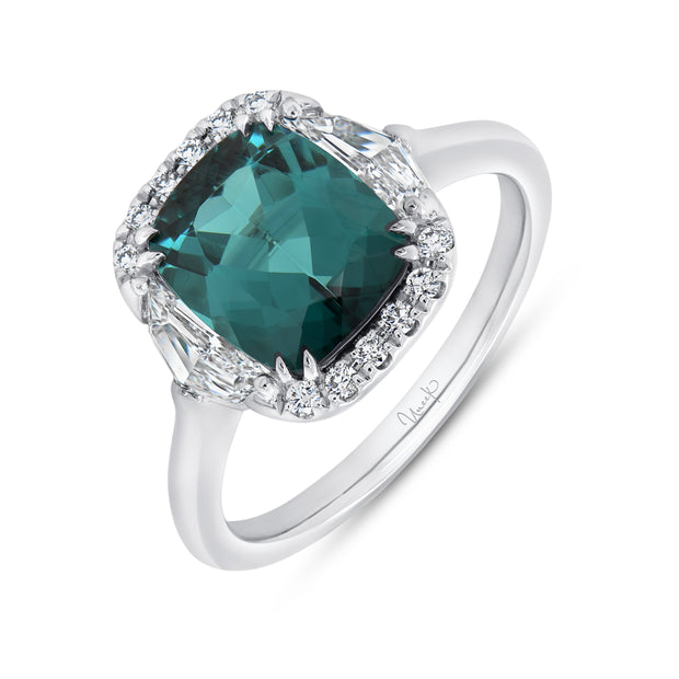 Uneek Precious Collection 3-Stone-Halo Cushion Cut Green Tourmaline Engagement Ring