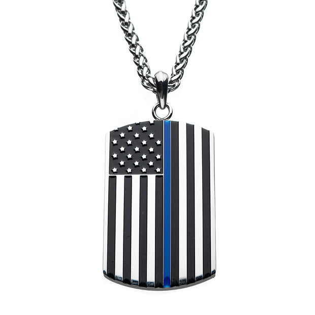 Thin Blue Line American Flag Police Officer Military Style Dog Tag Enamel Pendant with Chain